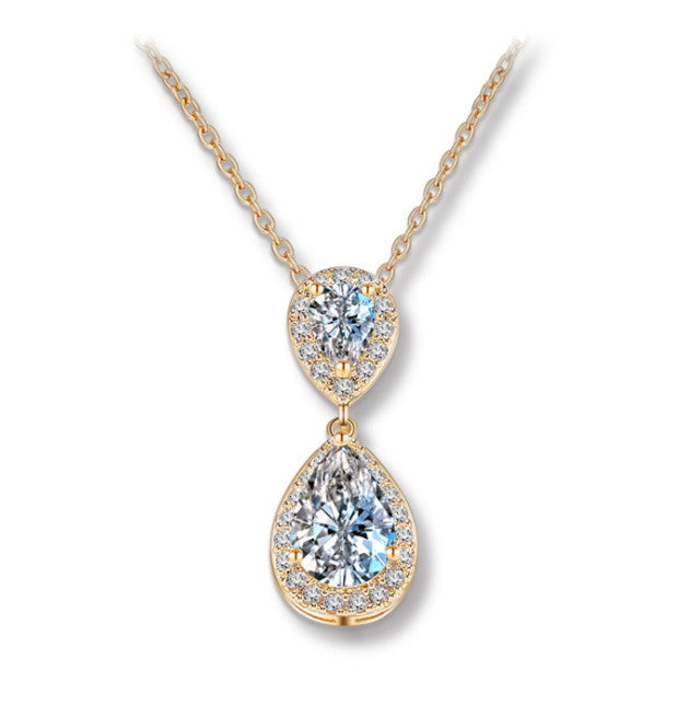 MyKay Double Halo Pear Cut CZ Diamond Necklace yg