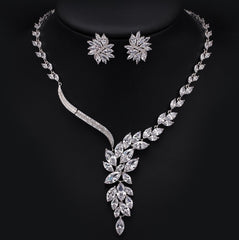 Petals Wave CZ Diamond Necklace and Earrings Bridal Set