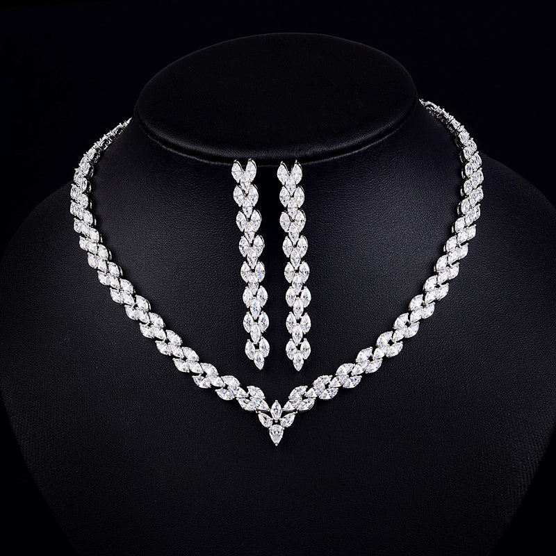 Triple Marquise CZ Diamond Necklace & Earrings Bridal Set