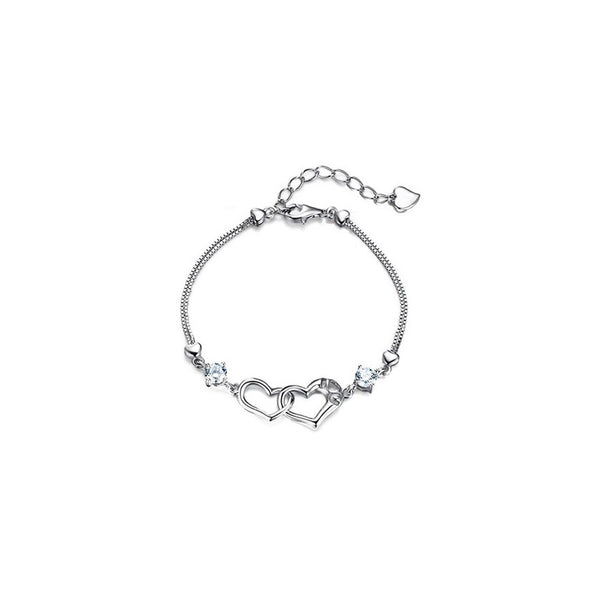 Double Hearts Sterling Silver Round CZ Diamond Bracelet