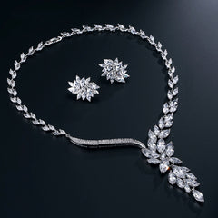 Petals Wave CZ Diamond Necklace and Earrings Bridal Set