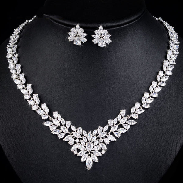 Classic Flower Marquise CZ Diamond Necklace & Earrings Bridal Set