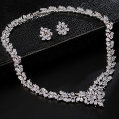 Classic Flower Marquise CZ Diamond Necklace & Earrings Bridal Set