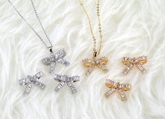 Bow Tapered Baguette CZ Diamond Jewelry Set