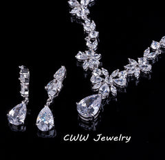 Large Pear Cut Floral C Diamond Necklace & Earrings Bridal Set