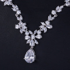Large Pear Cut Floral C Diamond Necklace & Earrings Bridal Set