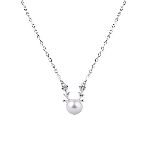 Festive Deer & Pearl Pendant Necklace in Sterling Silver