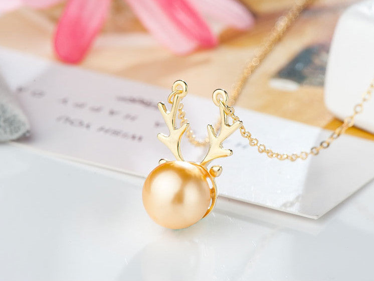 Festive Deer & Pearl Pendant Necklace in Sterling Silver