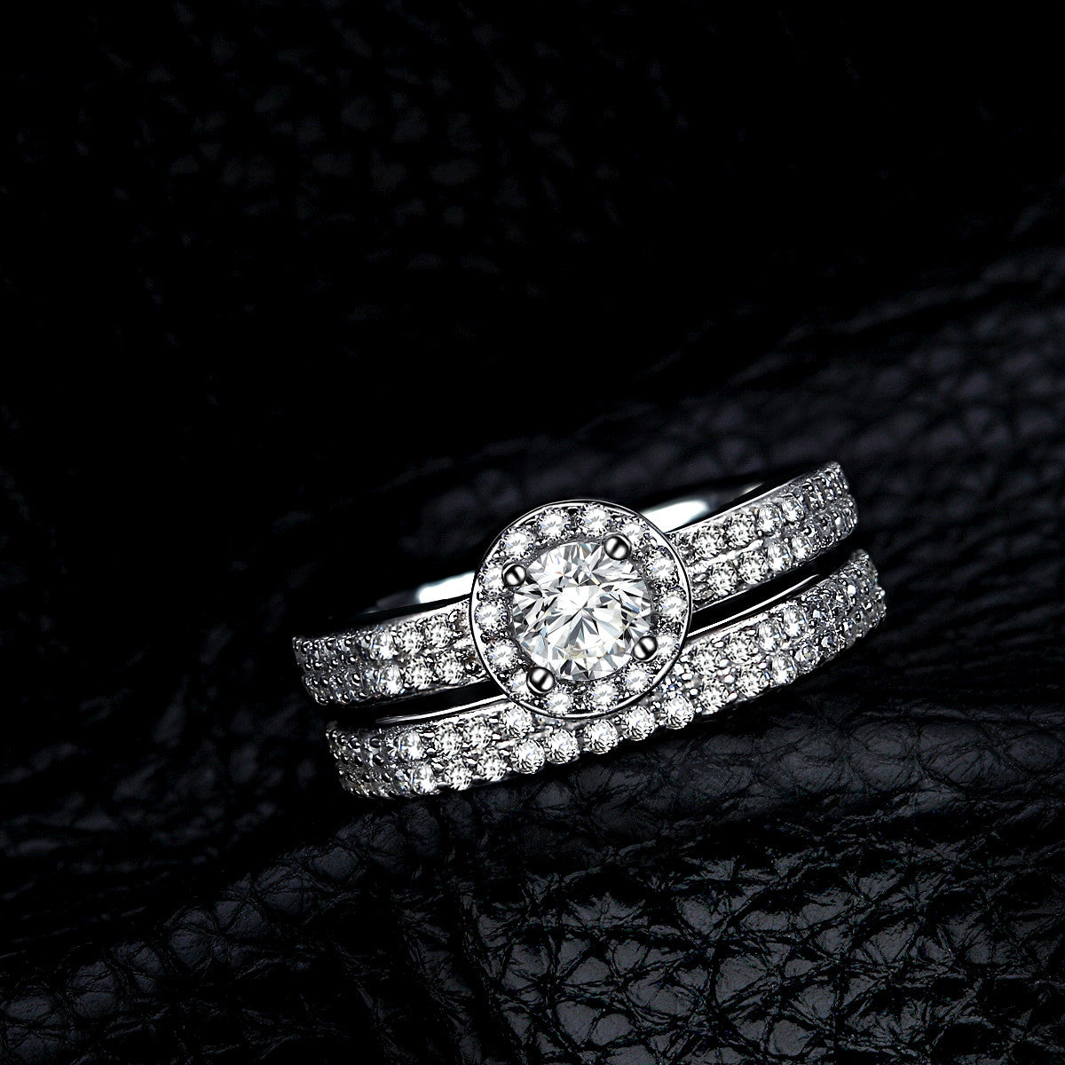 Double Pavé Halo Round Cut SONA Diamond Bridal Ring Set in Sterling Silver