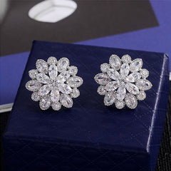 MyKay Luxurous Double Flower CZ Diamond Stud Sterling Silver Prongs Earrings 1
