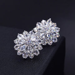 MyKay Luxurous Double Flower CZ Diamond Stud Sterling Silver Prongs Earrings 2