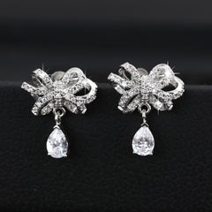 MyKay Floral Knots with Tear Drop CZ Diamond Sterling Silver Prongs Earrings 1