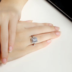 Halo Emerald Cut SONA Diamond Engagement Ring in Sterling Silver