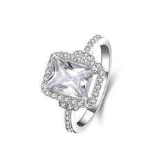 Halo Emerald Cut SONA Diamond Engagement Ring in Sterling Silver
