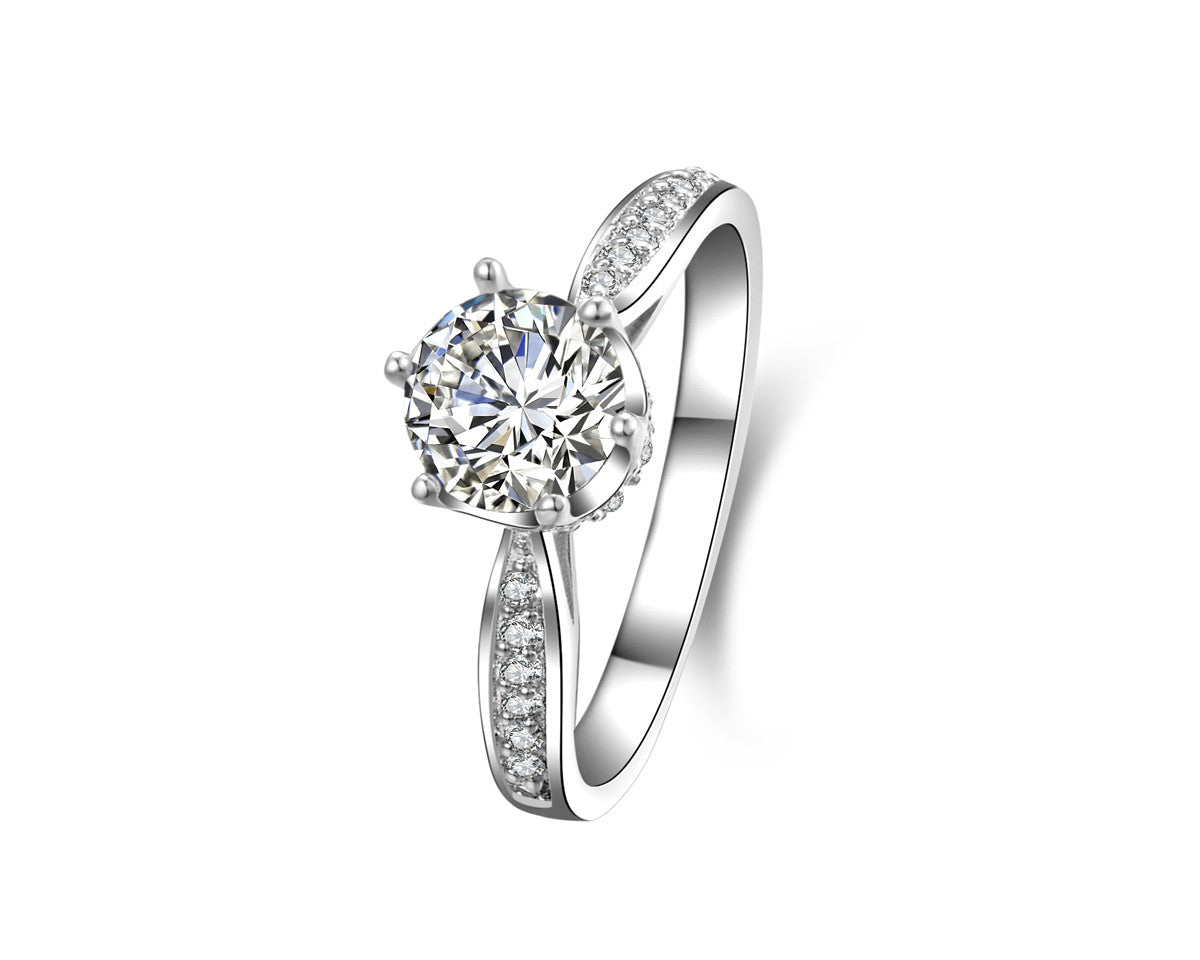 Imperial Crown Round Cut SONA Diamond Engagement Ring in Sterling Silver