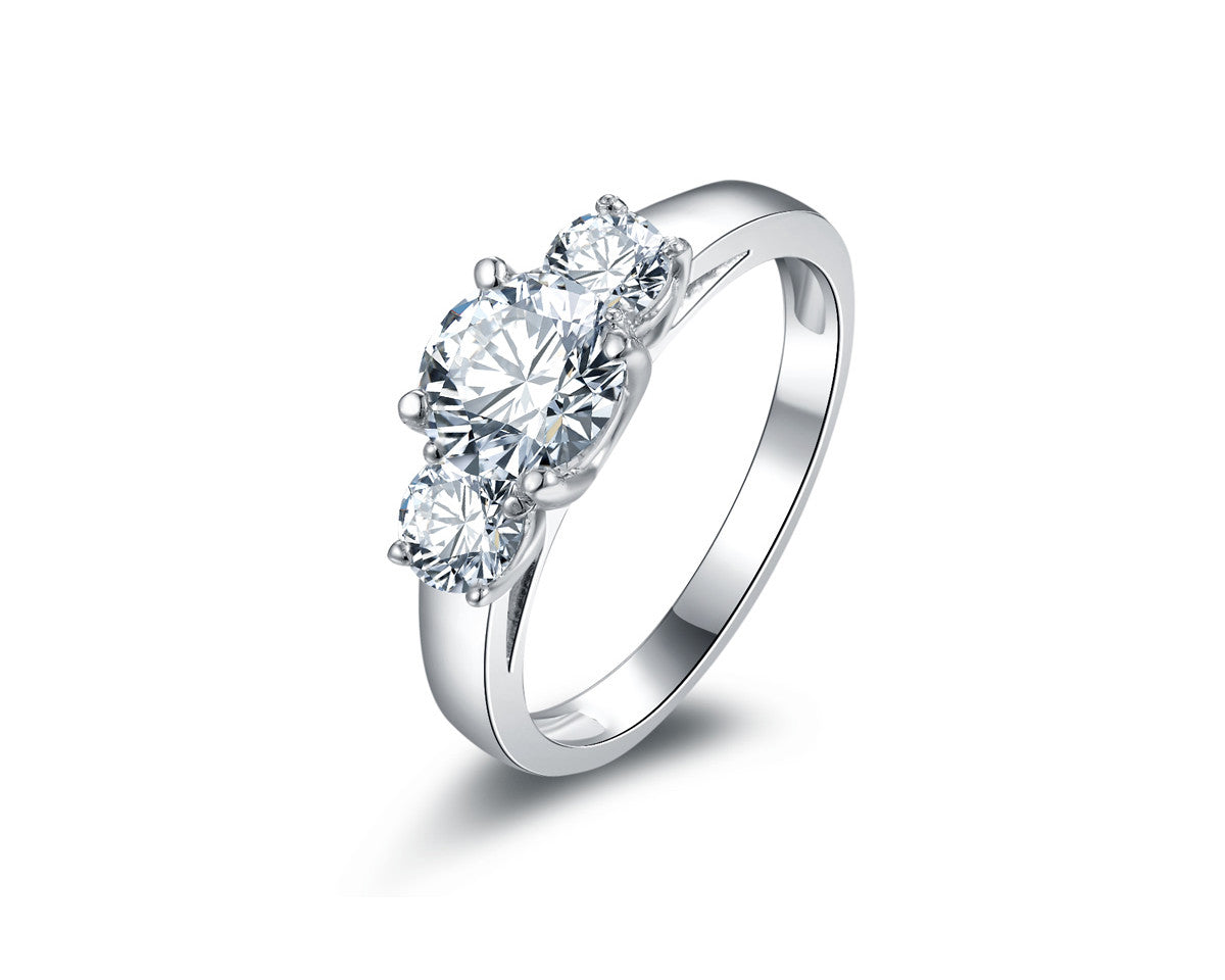 Three Stone Round Cut SONA Diamond Engagement Ring in Sterling Silver