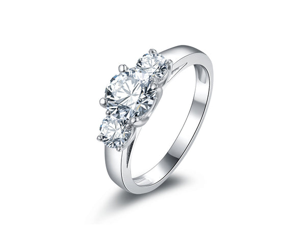 Three Stone Round Cut SONA Diamond Engagement Ring in Sterling Silver