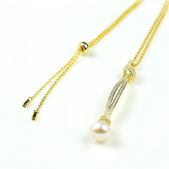 Round Pearl Long Pendant CZ Diamond Sterling Silver Necklace