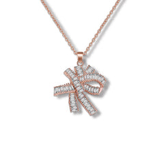 MyKay Large Bow Knot Tapered Baguette Pendant CZ Diamond Necklace RG