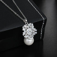Snowflake Tapered Baguette & Pearl Pendant CZ Diamond Necklace