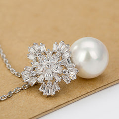 Snowflake Tapered Baguette & Pearl Pendant CZ Diamond Necklace