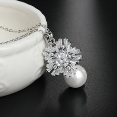 Snowflake Tapered Baguette & Pearl Pendant CZ Diamond Necklace