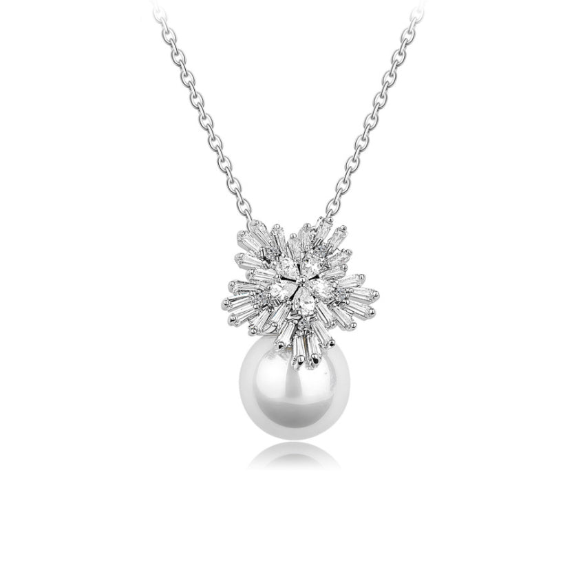 Snowflake Tapered Baguette & Pearl Pendant CZ Diamond Necklace