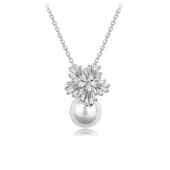 Snowflake Tapered Baguette & Pearl Pendant CZ Diamond Necklace