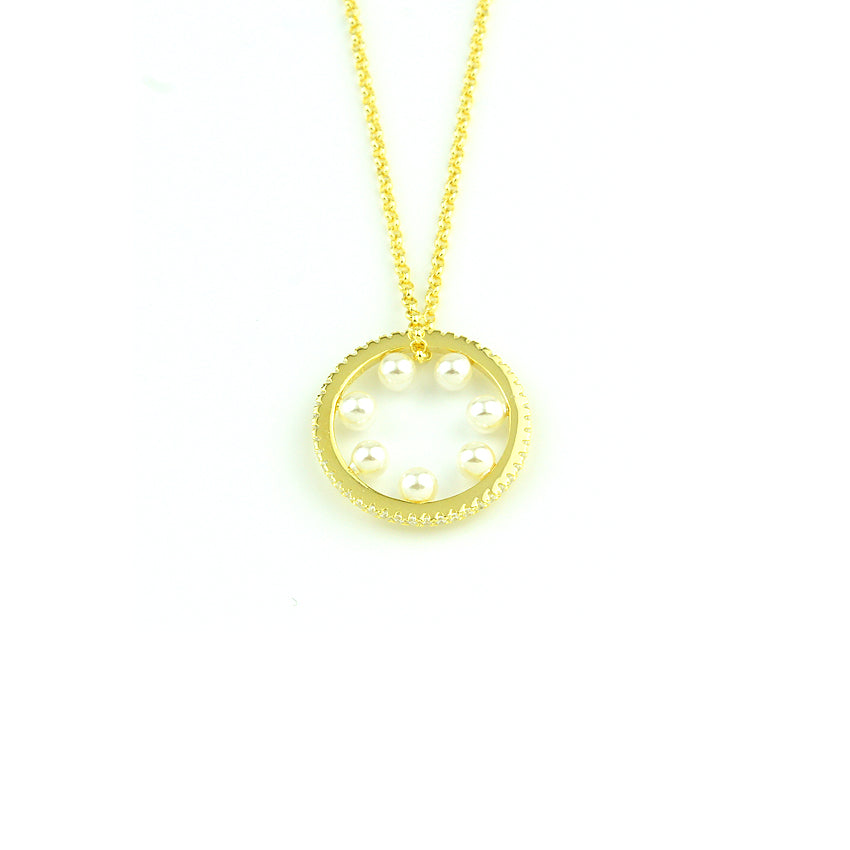 Pearls in Circle Pendant CZ Diamond Sterling Silver Necklace