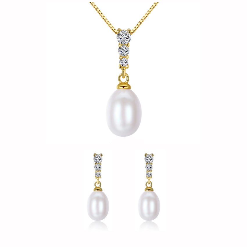 Pearl Drop Pendant CZ Diamond Necklace & Earrings Sterling Silver Jewelry Set