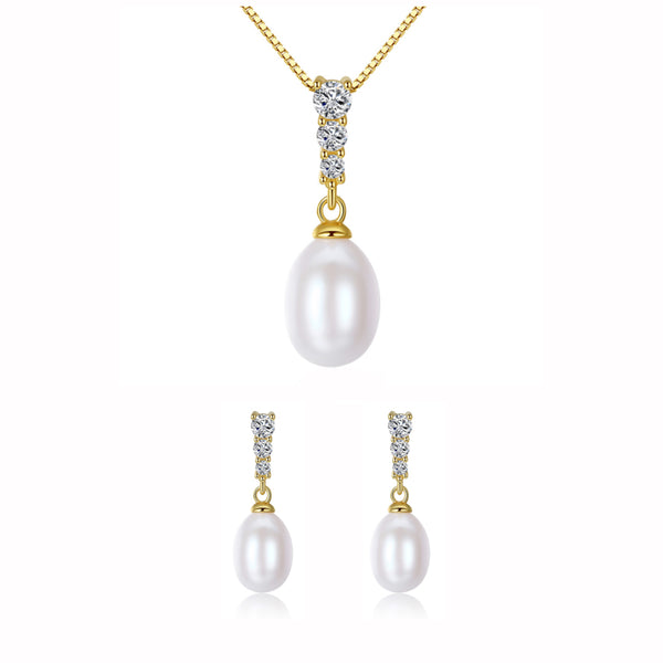 Pearl Drop Pendant CZ Diamond Necklace & Earrings Sterling Silver Jewelry Set