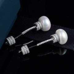 MyKay Round Pearl Long CZ Diamond Sterling Silver Earrings 1
