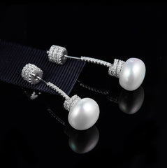 MyKay Round Pearl Long CZ Diamond Sterling Silver Earrings