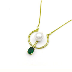 Open Hoop Pearl Pendant CZ Diamond Emerald Sterling Silver Necklace