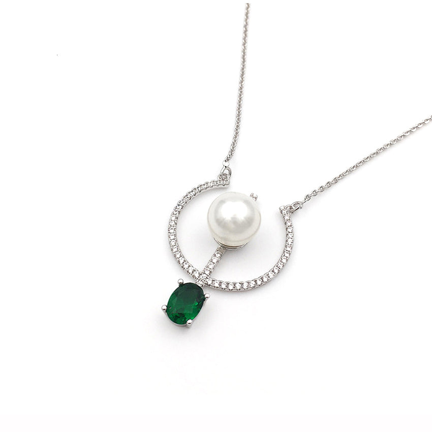 Open Hoop Pearl Pendant CZ Diamond Emerald Sterling Silver Necklace