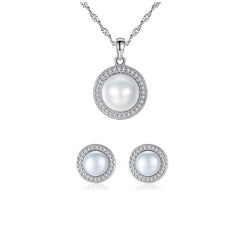 Pearl Halo Pendant CZ Diamond Necklace & Earring Sterling Silver Jewelry Set