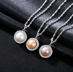 Pearl Halo Pendant CZ Diamond Necklace & Earring Sterling Silver Jewelry Set