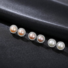 Pearl Halo Pendant CZ Diamond Necklace & Earring Sterling Silver Jewelry Set