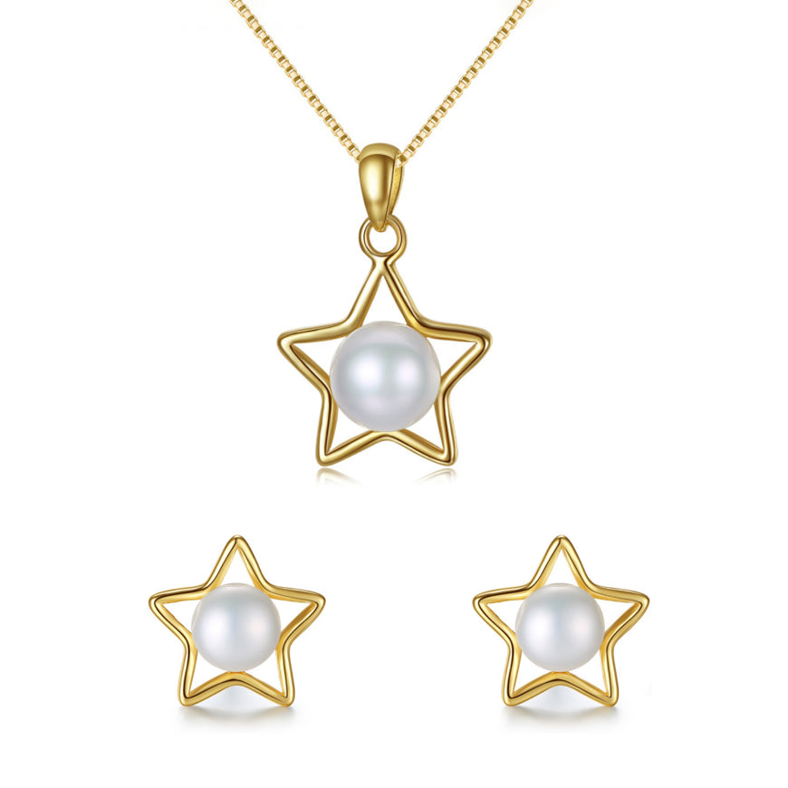 Exquisite Golden Star Pearl Necklace & Earrings Sterling Silver Jewelry Set