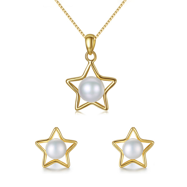 Exquisite Golden Star Pearl Necklace & Earrings Sterling Silver Jewelry Set