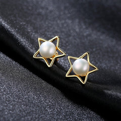 Exquisite Golden Star Pearl Necklace & Earrings Sterling Silver Jewelry Set