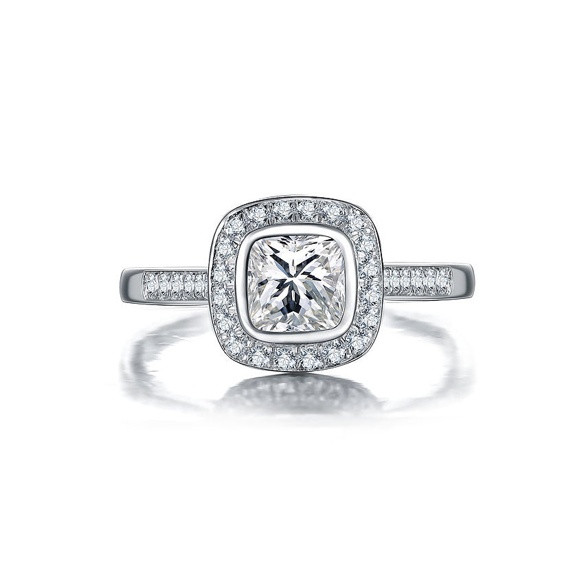 MyKay Elegant Bezel Halo Cushion 1.0ct CZ Diamond Engagement Ring In Sterling Silver