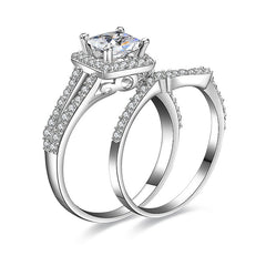 Beautiful Halo Princess Cut SONA Diamond Bridal Ring Set in Sterling Silver