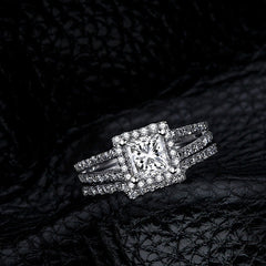 Beautiful Halo Princess Cut SONA Diamond Bridal Ring Set in Sterling Silver
