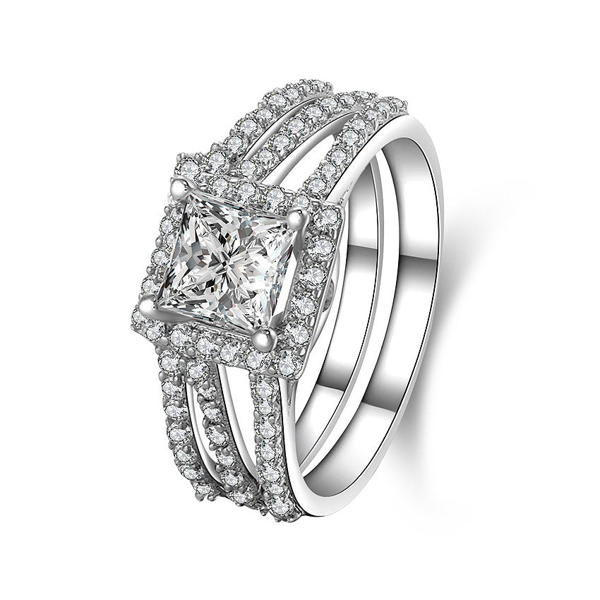 Beautiful Halo Princess Cut SONA Diamond Bridal Ring Set in Sterling Silver