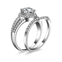 Halo Round Cut SONA Diamond Split Shank Bridal Ring Set in Sterling Silver