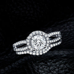 MyKay Split Shank Halo Round Cut 1.0ct CZ Diamond Bridal Ring Set in Sterling Silver 01