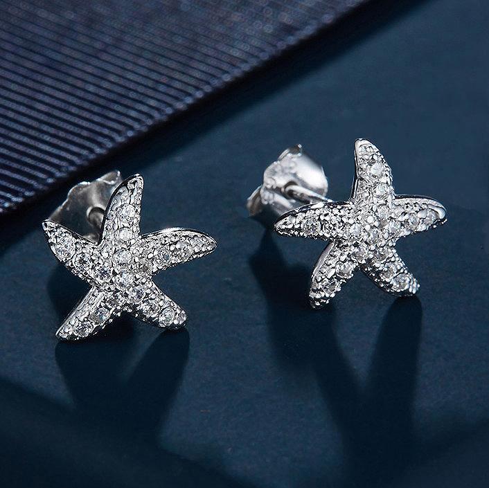 MyKay Starfish Pave Swarovski Crystal Stud Earrings in Sterling Silver sv