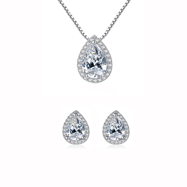 Halo Pear Cut CZ Diamond Necklace & Earrings Sterling Silver Jewelry Set