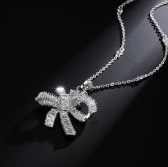 MyKay Large Bow Knot Tapered Baguette Pendant CZ Diamond Necklace SV1